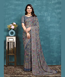 Maayro Georgette Printed Saree With Unstitched Blouse Piece ( Grey )