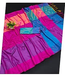 Magneitta Cotton Silk Colorblock Saree With Unstitched Blouse Piece ( Pink )