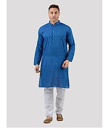 Maharaja Cotton Blend Printed Regular Fit Kurta Pyjama Set For Men ( Blue )