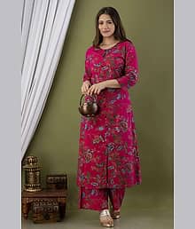NITYA FASHION Women Cotton Blend Printed A-line Kurti With Pants ( Pink )