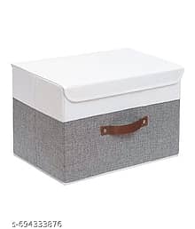 Non-Woven Foldable Large Size Jute Printed Storage Box with Lid & Handles Collapsible Storage Bin for Organizing Toys, Clothes, and Books (Grey & Whit