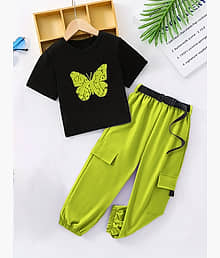 PORPY Pack of 1 Girls Cotton Blend T-shirt & Pants ( Fluorescent Green )
