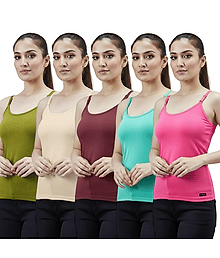 Ponni Women Pack of 5 Cotton Camisoles ( Multicolor )