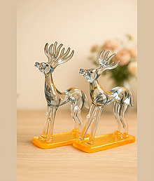 Premium Crystal Glass Deer Showpiece (Set of 2) | Decorative Art Figurine for Home, Office & Gift | Transparent Reindeer Statue with Orange Base
