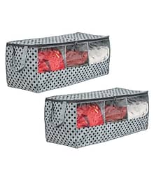 PrettyKrafts Foldable Underbed Shirt/Clothes Storage Organizer, 3 Blocks with clear front Window for clothes, Toys, Shoes,(Pack of 2) Biege Dots