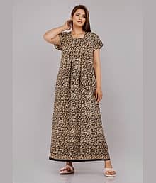 Pure Loom Cotton Printed Women Regular Nighty ( Cream )
