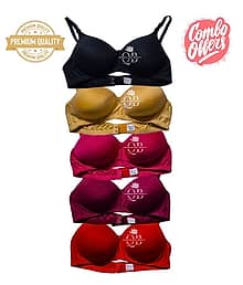 QUEENSLAND BEAUTY Pack of 5 Cotton Lightly Padded T-Shirt Bra For Women ( Multicolor )