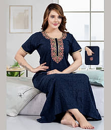 RS Cotton Printed Women Regular Nighty ( Navy Blue )