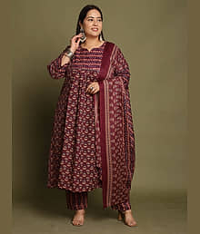 Rajnandini Women Cotton Blend Printed Flared Kurti With Pants ( Wine )