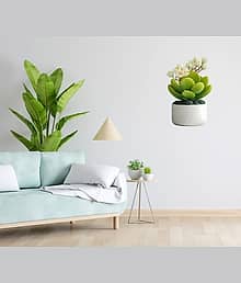 Realistic Green Potted Plant Wall Sticker 12x18 inch | Premium Vinyl Self Adhesive Decal | 3D Artificial Leaves & Flowers Wall Decor for Living Room,