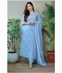 Royal Export Viscose Embroidered Kurti With Pants Women's Stitched Salwar Suit - Light Blue ( Pack of 1 )