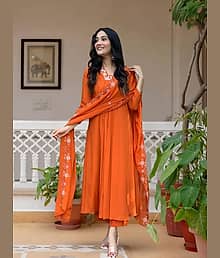 Royal Export Women Viscose Embroidered Straight Kurti With Salwar ( Orange )