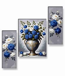 SAF Blue & White Rose Bouquet Wall Art ? 3 Panel Flower Vase Painting with Royal Detailing for Drawing Room & Hall Décor 12 Inch x 20 Inch