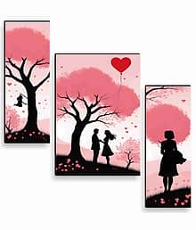 SAF Couple Love Under Pink Tree Wall Art ? 3 Panel Romantic Silhouette Painting with Heart Balloons for Bedroom & Valentine Gift Décor 12 Inch x 20 In