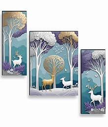SAF Golden Deer Forest Wall Art ? 3 Panel Luxury Tree & Animal Painting in Purple-Teal Tones for Bedroom & Nature-Themed Home Décor 12 Inch x 20 Inch