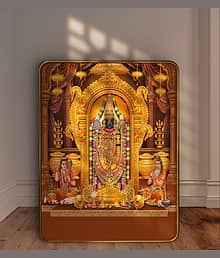 SAF Golden Sparkle Laminated Wall Art of Lord Venkateswara Tirupati Balaji | MDF Board with Golden Frame | Spiritual Temple Decor for Home Mandir and