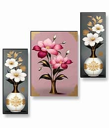 SAF Golden Vase Floral Wall Art ? 3 Panel Classic White Flower Painting with Pink & Grey Background for Hall & Elegant Décor 12 Inch x 20 Inch