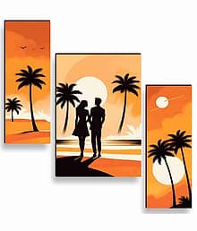 SAF Orange Sunset Beach Couple Wall Art ? 3 Panel Romantic Painting with Palm Trees & Sea View for Bedroom & Valentine Décor 12 Inch x 20 Inch