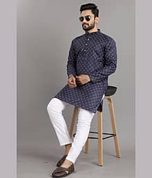 SOPANI Cotton Blend Colorblock Regular Fit Kurta Pyjama Set For Men ( Navy )