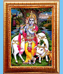 SRI KRISHNA Golden Photo Frame with 6.75 inch (Width) x 8.75 inch (Length) inch Photo fitted With Wall Hanging Mount