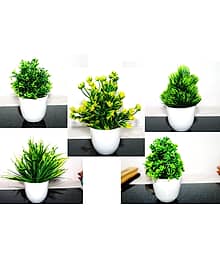 Sanol - Artificial mini green grass with wood pot for home decor Wild Artificial Plant with Pot (15 cm, Green, Yellow)