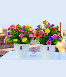 Sanol Artificial multicolor flowers with white heavy plastic pot Wild Artificial Plant with Pot (18 cm, Multicolor)