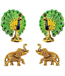Set of 4 Piece Metal Sculptures Elephant & Peacock for Showpiece and Decoration