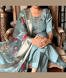 Shree Radhe Women Cotton Silk Embroidered A-line Kurti With Pants ( Sea Green )