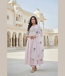 Style of ayana Women Cotton Embroidered Anarkali Kurti With Pants ( Pink )
