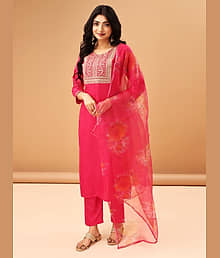 TRAHIMAM Cotton Blend Embroidered Kurti With Pants Women's Stitched Salwar Suit - Pink ( Pack of 1 )