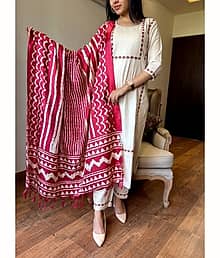 TRAHIMAM Cotton Blend Embroidered Kurti With Pants Women's Stitched Salwar Suit - White ( Pack of 1 )