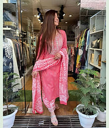 TRAHIMAM Rayon Embroidered Kurti With Palazzo Women's Stitched Salwar Suit - Pink ( Pack of 1 )