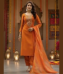 TRAHIMAM Women Viscose Embroidered Straight Kurti With Pants ( Orange )