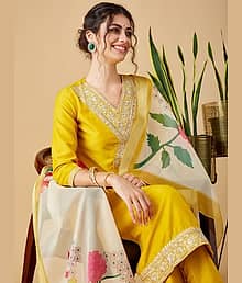 TRAHIMAM Women Viscose Embroidered Straight Kurti With Pants ( Yellow )