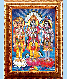 TRIDEV BRAHMA, VISHNU, AND SHIVA Golden Photo Frame with 10.75 inch (Width) x 12.75 inch (Length) inch Photo fitted With Wall Hanging Mount