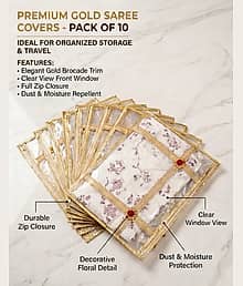 Transparent Saree Cover Set of 10 Floral Design | Dustproof Storage Bags with Zipper | Wardrobe Organizer for Clothes, Sarees & Travel Use