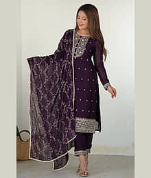 Trijal Fab Women Georgette Embroidered Straight Kurti With Pants ( Wine )