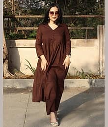 VESHVITI Women Rayon Solid A-line Kurti With Pants ( Brown )