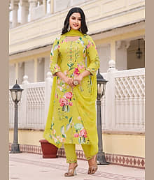 VIBEVISION Cotton Blend Printed Kurti With Pants Women's Stitched Salwar Suit - Yellow ( Pack of 1 )