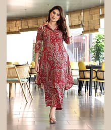VRDIKAA Women Cotton Blend Printed A-line Kurti With Palazzo ( Red )