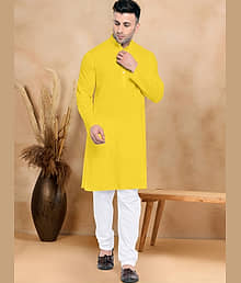 VS MALL Cotton Blend Solid Regular Fit Kurta Pyjama Set For Men ( Yellow )