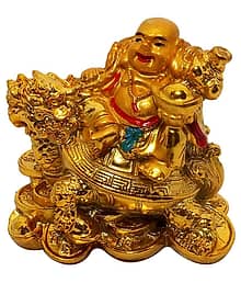PAYSTORE Polyresin Feng Shui Laughing Buddha With Dragon Tortoise On Bed Of Wealth Decorative Showpiece (8 Cm, Gold)