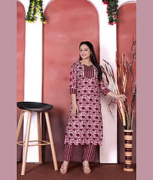 YAGNIK FASHION Cotton Blend Printed Kurti With Pants Women's Stitched Salwar Suit - Maroon ( Pack of 1 )