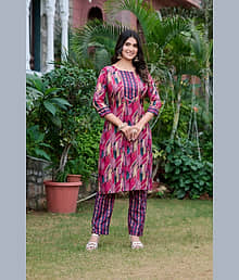 YAGNIK FASHION Cotton Printed Kurti With Pants Women's Stitched Salwar Suit - Pink ( Pack of 1 )