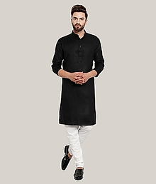 YUG ART Cotton Blend Solid Relaxed Fit Kurta Pyjama Set For Men ( Black )