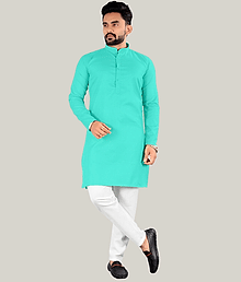 YUG ART Cotton Blend Solid Relaxed Fit Kurta Pyjama Set For Men ( Sea Green )