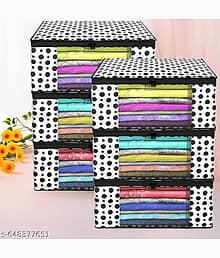 Zovira Premium Non-Woven Saree/Cloth Organizer Box With Transparent Window, Double Zipper, Foldable Storage Bag, Pack Of 6 {Black}
