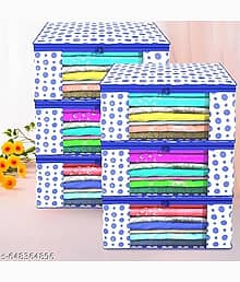 Zovira Premium Non-Woven Saree/Cloth Organizer Box With Transparent Window, Double Zipper, Foldable Storage Bag, Pack Of 6