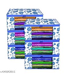 Zovira Premium Non-Woven Saree/Cloth Organizer Box With Transparent Window, Double Zipper, Foldable Storage Bag, Pack Of 6 {Blue Floral}