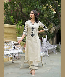 Zuroh Women Cotton Blend Embroidered Straight Kurti With Palazzo ( Off White )